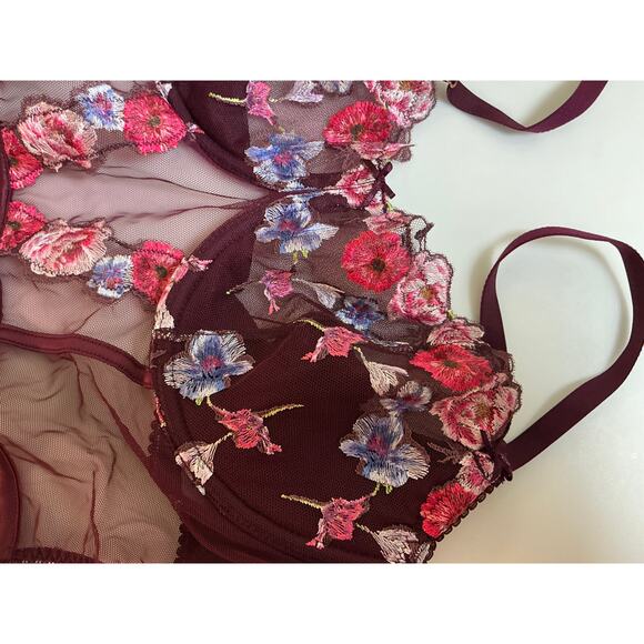 Victoria’s Secret NWT Burgundy Embroidered Sheer Mesh Bodysuit • Size XL - Picture 3 of 5